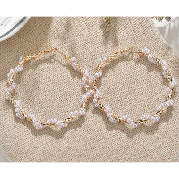 Pearl and Gold Twist Hoop Earrings - Picture 1 of 1